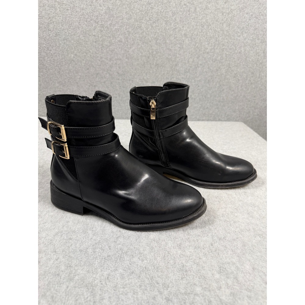 Jones New York Minda Ankle Boots Women 7.5 Black Double Gold Buckle Moto Zipper